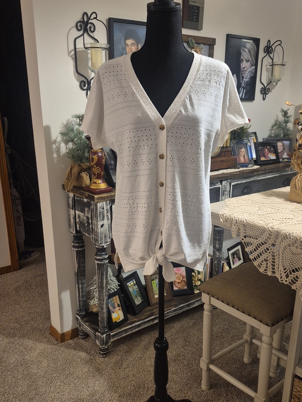 Women’s White V-Neck Button Front Knit Sweater with Front Tie
